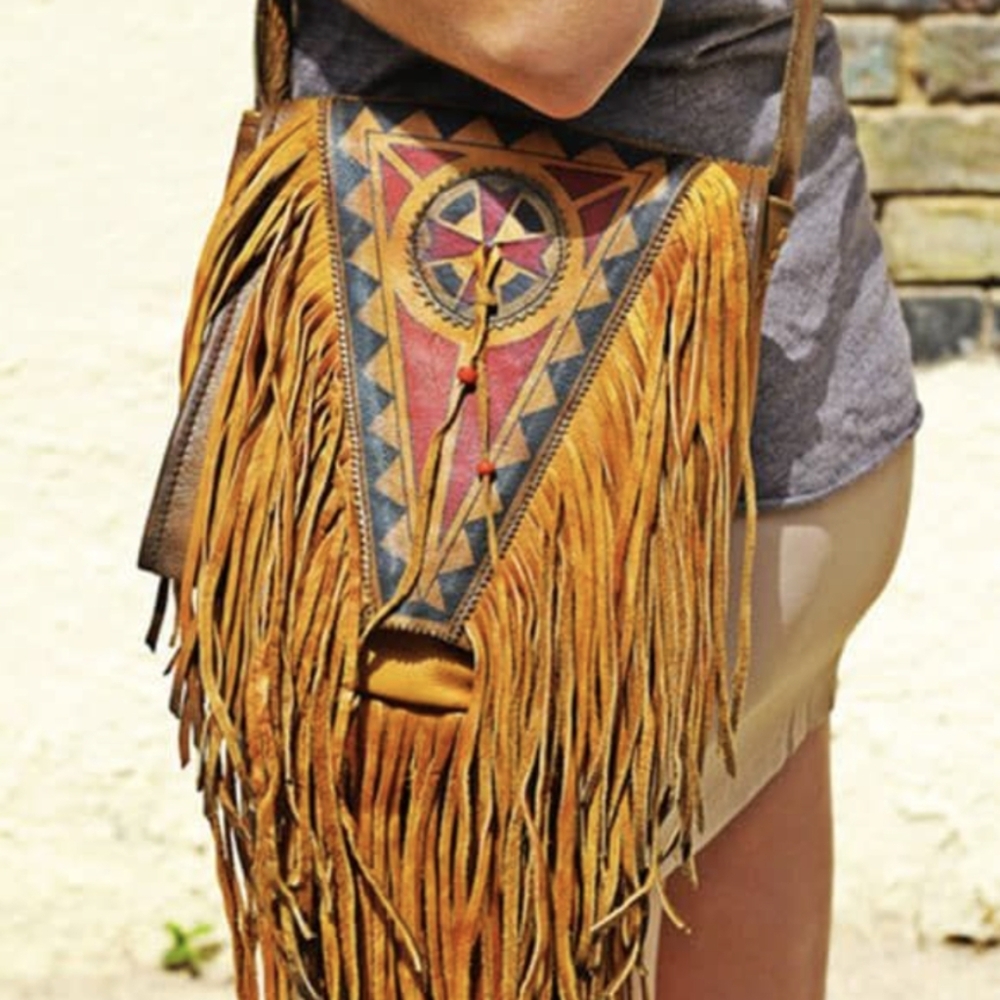 Kobler Leather hand painted w/ Fringe Crossbody/ Messenger Bag UNISEX! - Picture 2 of 12